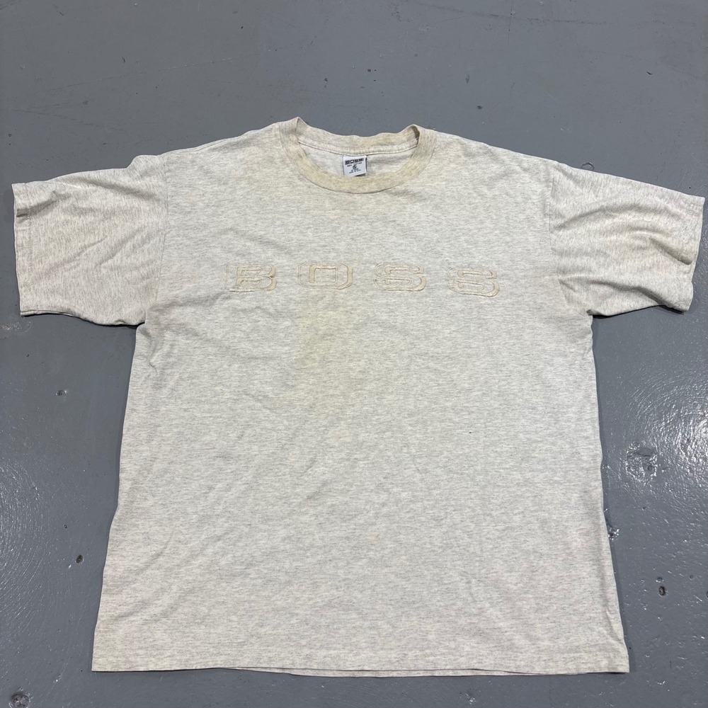 Vintage BOSS T Shirt Mens XL Gray Embroidered Logo Made in USA 90s Streetwear